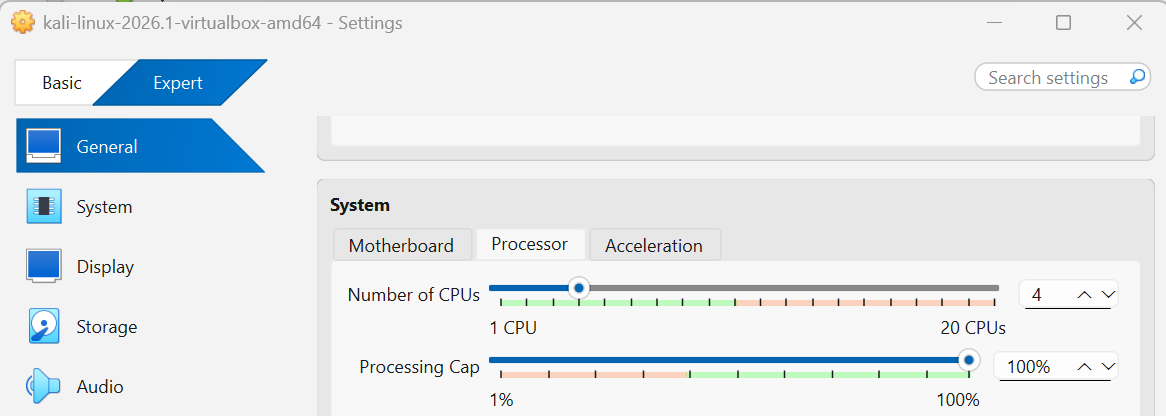 Kali Linux CPU Settings
